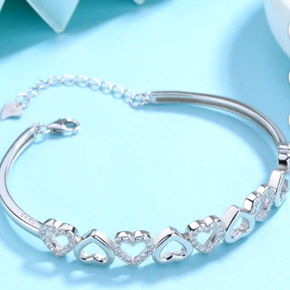 Amy and Annette 14K White Gold Hearts Bangle Adjustable Bracelet with crystals